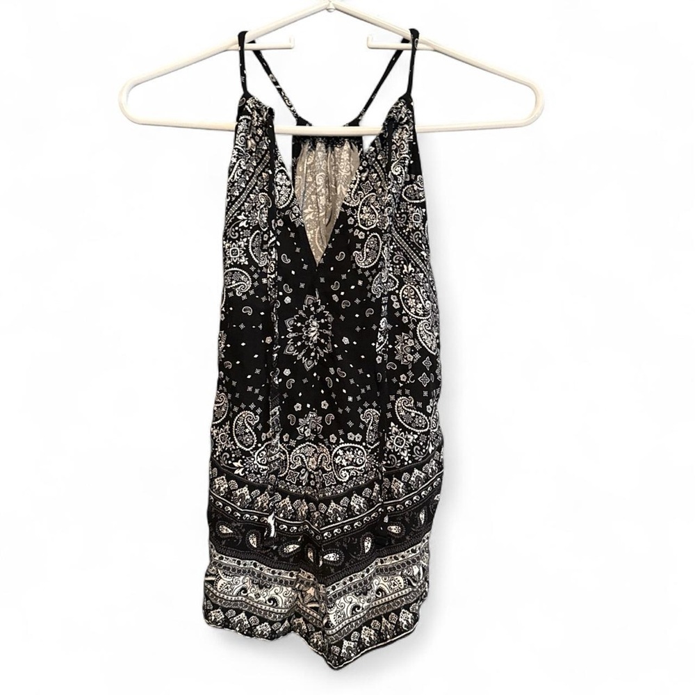 Black and White Paisley V-Neck Tie Up Shirt